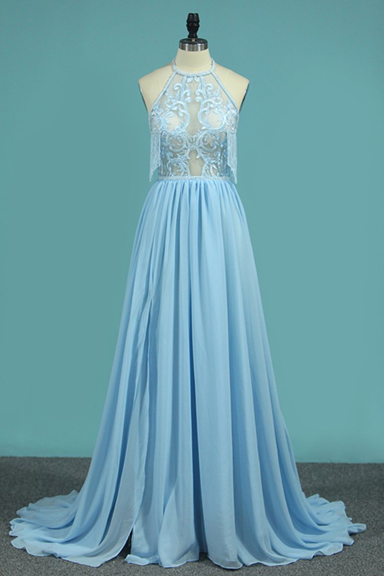 Halter Chiffon A Line Prom Dresses With Applique And Slit Sweep Train