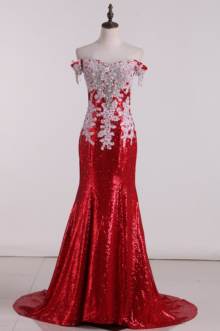 Prom Dresses Sweep Train Mermaid Off-The-Shoulder Sequins Lace Red