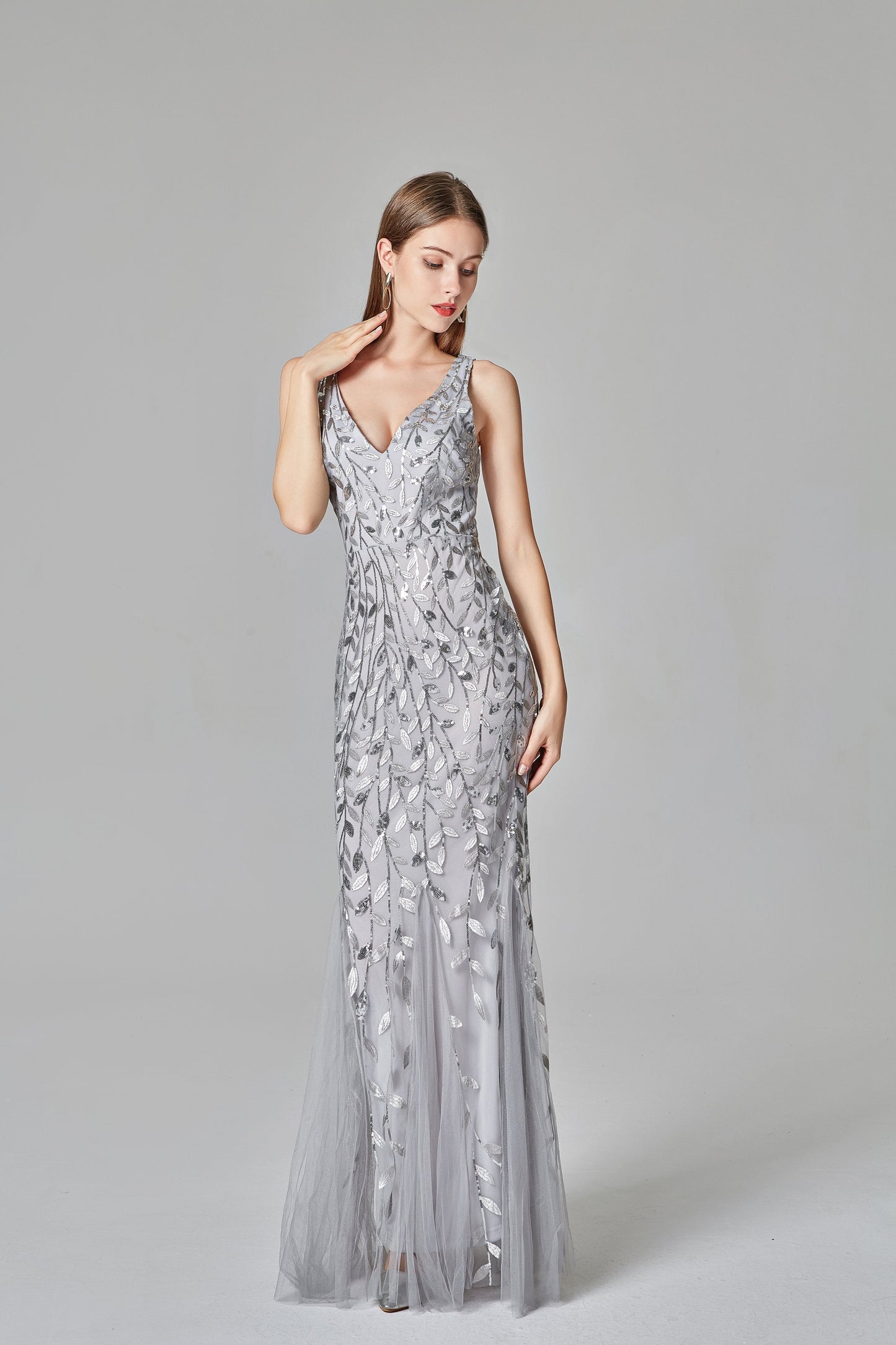 Sexy V Neck Silver Mermaid Prom Dresses, Embroidered Sequins Long Evening Dresses SWK15368