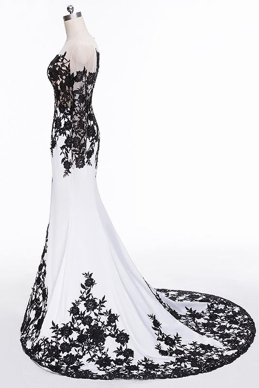 Elegant White Black Lace Appliques Mermaid Long Sleeves Satin Prom Dresses WK516