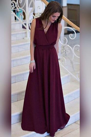 Simple A-line V-neck Chiffon Sweep Train Burgundy Sleeveless Sashes Prom Dresses WK404