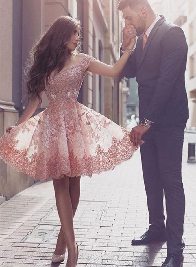 A-Line Off the Shoulder Short Sleeves Blush Sweetheart Homecoming Dresses with Appliques WK523