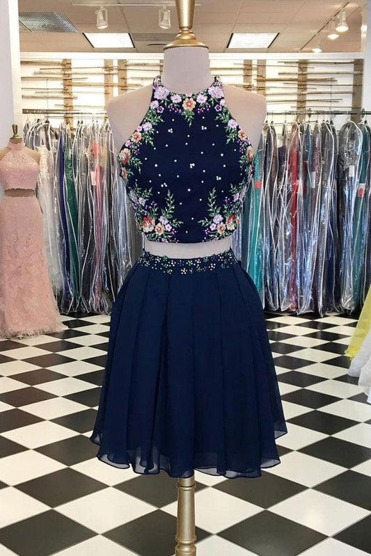 Unique Dark Blue Two Piece Short Prom Dress Halter Flowers Chiffon Homecoming Dresses WK758