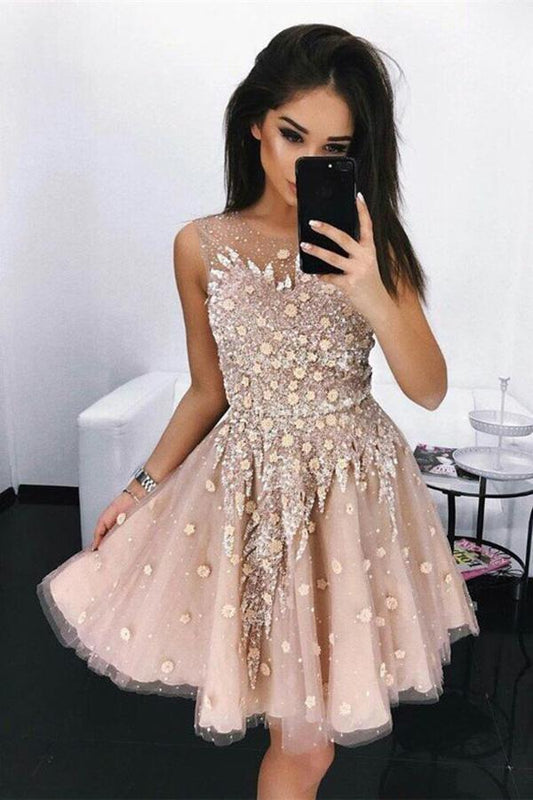 Modest A-Line Round Neck Short Blush Beads Unique Illusion Pleats Homecoming Dresses WK682