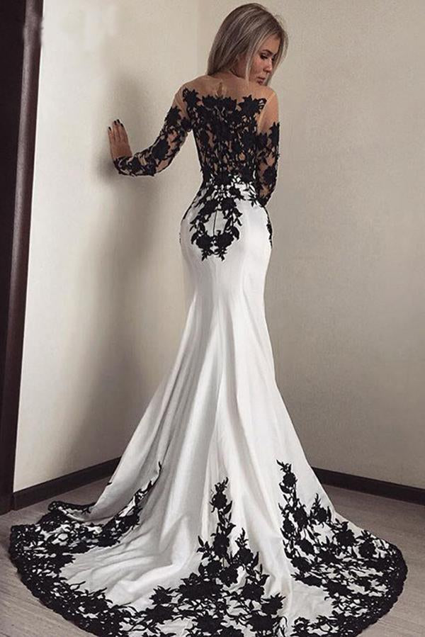 Elegant White Black Lace Appliques Mermaid Long Sleeves Satin Prom Dresses WK516