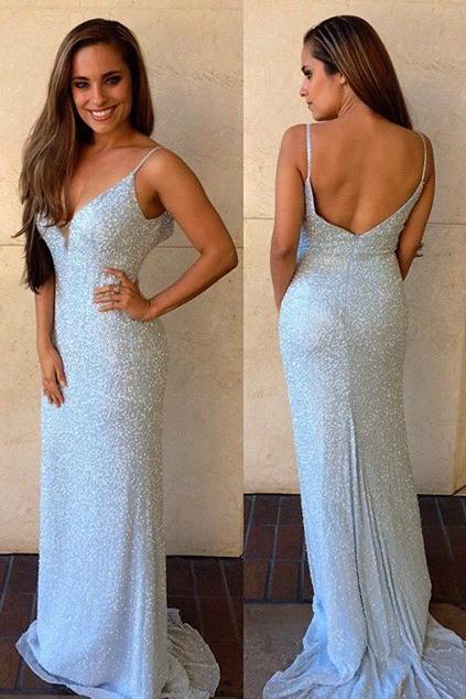 Cheap Floor-Length Sleeveless V-Neck Mermaid Backless Spaghetti Strap Prom Dresses WK615