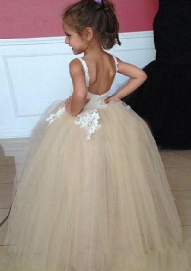 Tulle Applique Spaghetti Straps Backless Flower Girl Dresses Lovely Tutu Dresses WK117