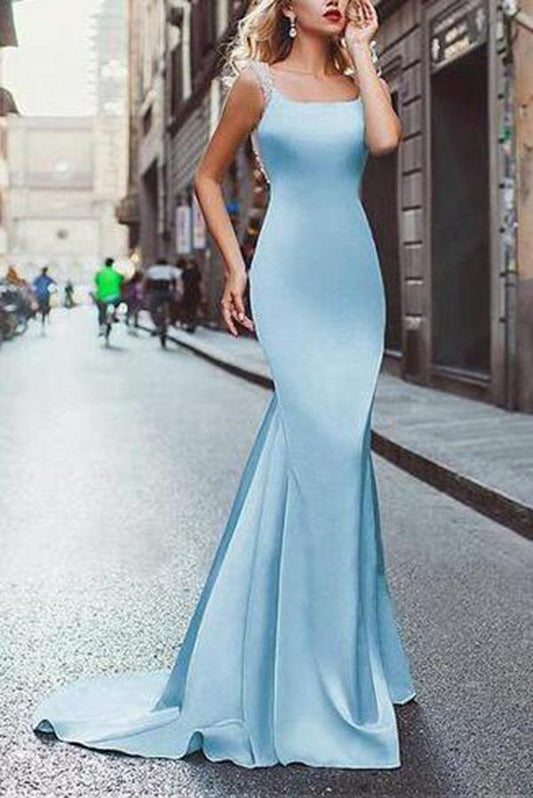 Elegant Amazing Beading Satin Scoop Mermaid Blue Backless Sleeveless Long Prom Dresses