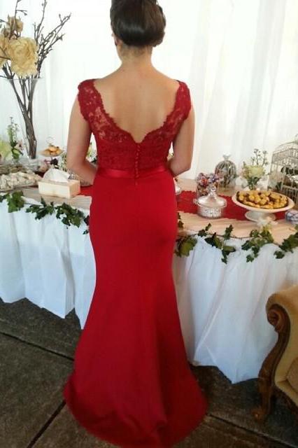 Red Button Backless Plus Size Mermaid Cap Sleeves V-neck Long Lace Bridesmaid Dresses WK802