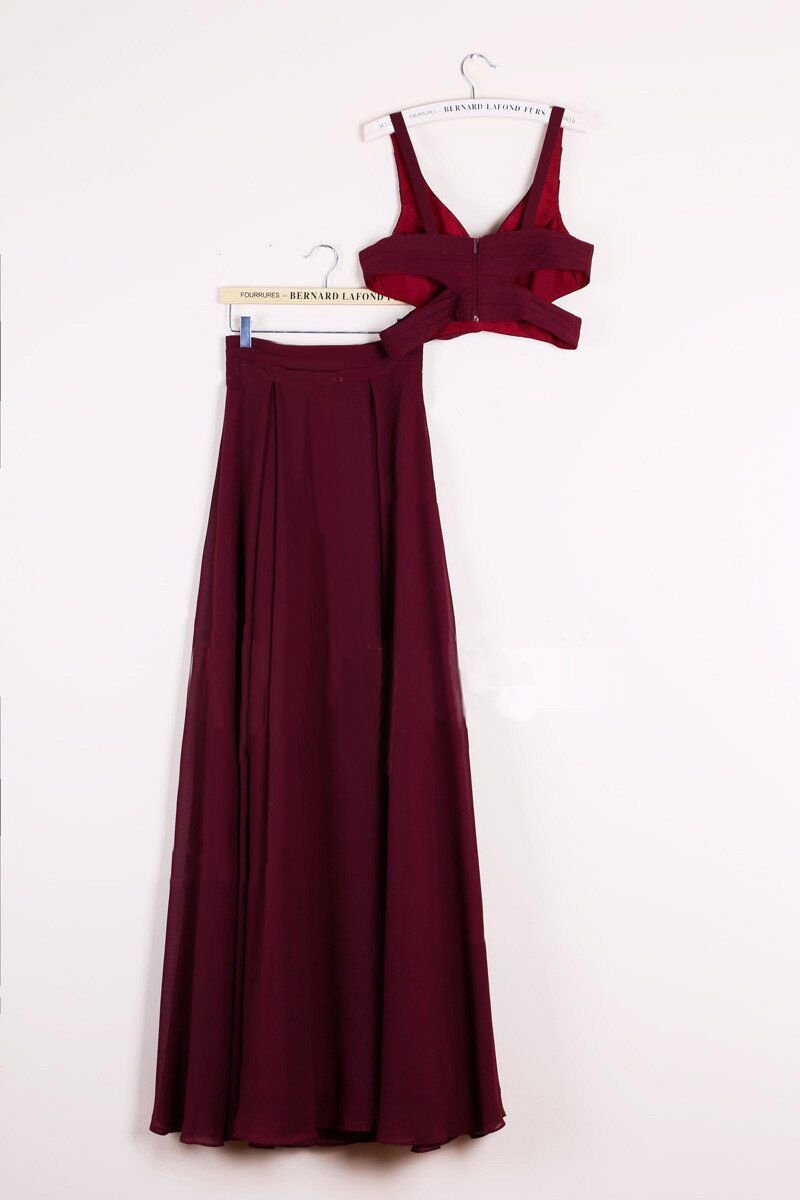 Elegant Two Pieces A-line V Neck Floor-length Burgundy Chiffon Cheap Prom Dresses WK671