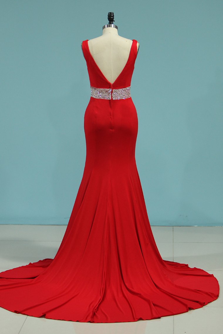 New Arrival Prom Dresses Mermaid V Neck Spandex Open Back