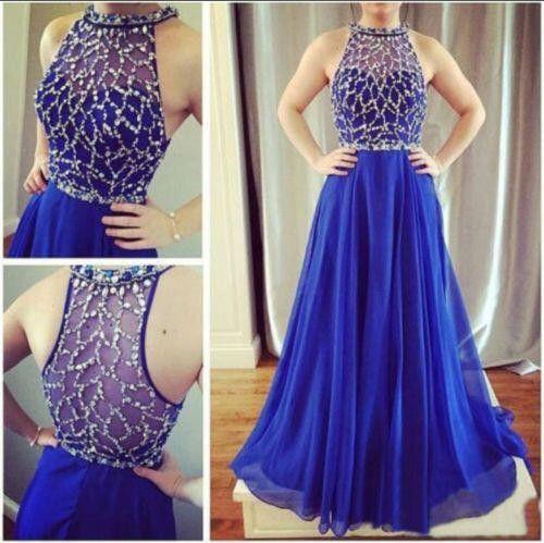 A-line Royal Blue Halter Fashion Cheap Sleeveless Tulle Beads Floor-Length Prom Dresses uk PD202