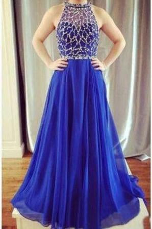 A-line Royal Blue Halter Fashion Cheap Sleeveless Tulle Beads Floor-Length Prom Dresses uk PD202