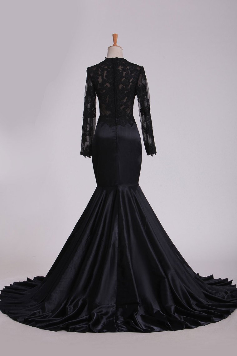 Evening Dresses Scoop Long Sleeve With Applique Mermaid Elastic Satin