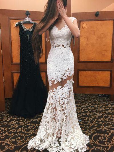 High Neck Cap Sleeves Lace Mermaid Sexy White Lace Open Back Beautiful Women Dresses WK843