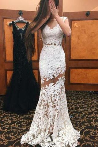 High Neck Cap Sleeves Lace Mermaid Sexy White Lace Open Back Beautiful Women Dresses