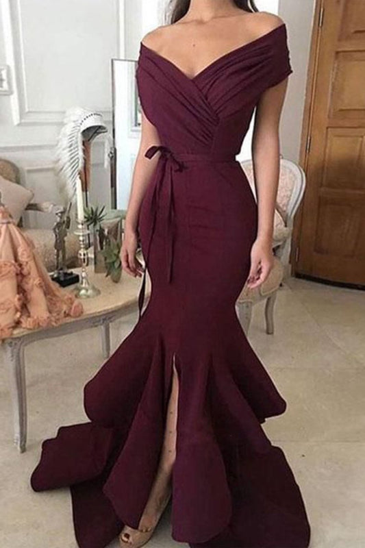 Unique Mermaid Off The Shoulder Ruffled & Split Burgundy Chiffon Long Prom Dresses Evening Dresses