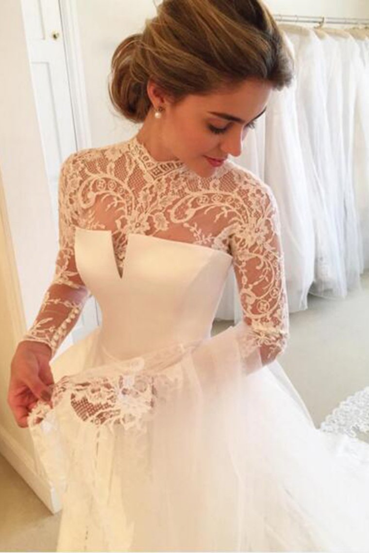 High Neck Open Back Long Sleeves Wedding Dresses A Line Satin