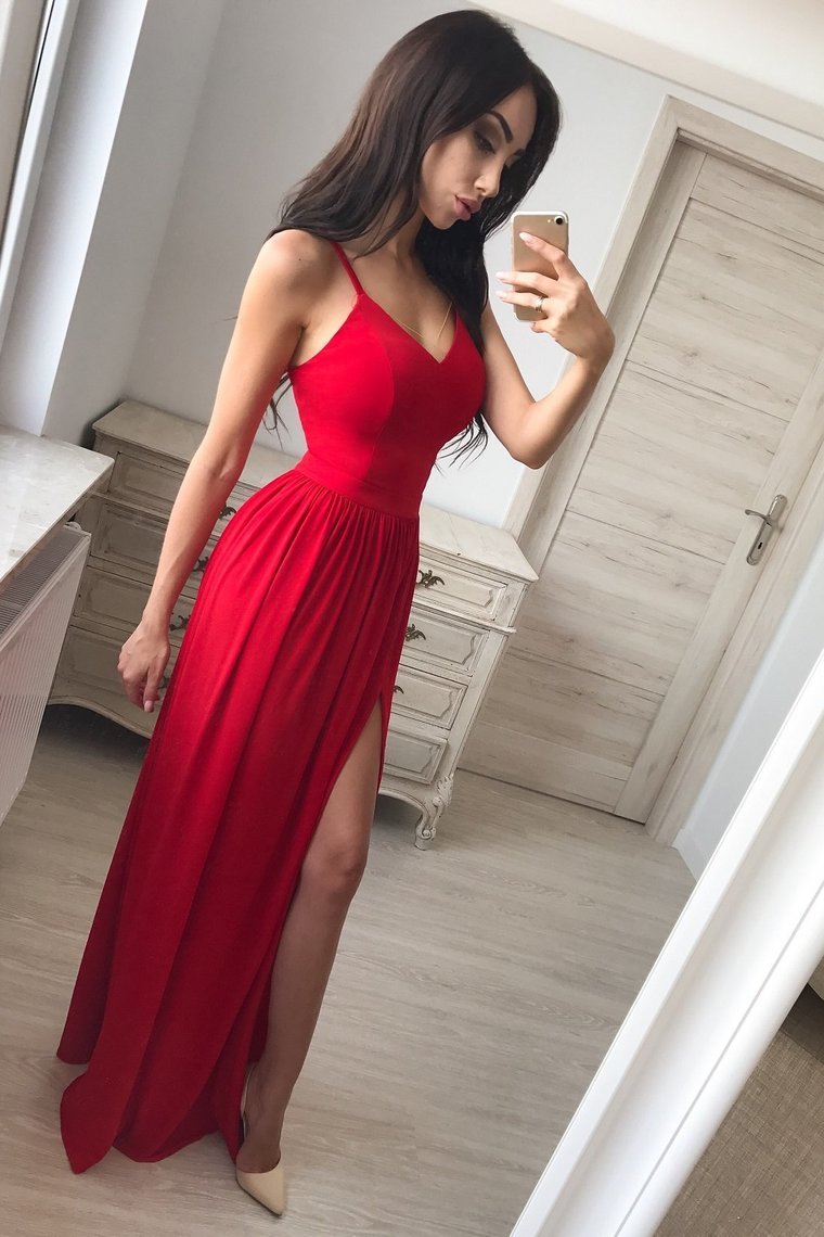 Simple Front Split Long A-Line Red Tight Cheap Prom Dresses Party Dresses