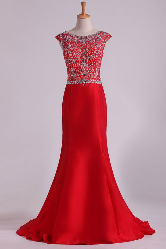 2024 Red Bateau Lace&Taffeta Prom Dresses Mermaid With Beads