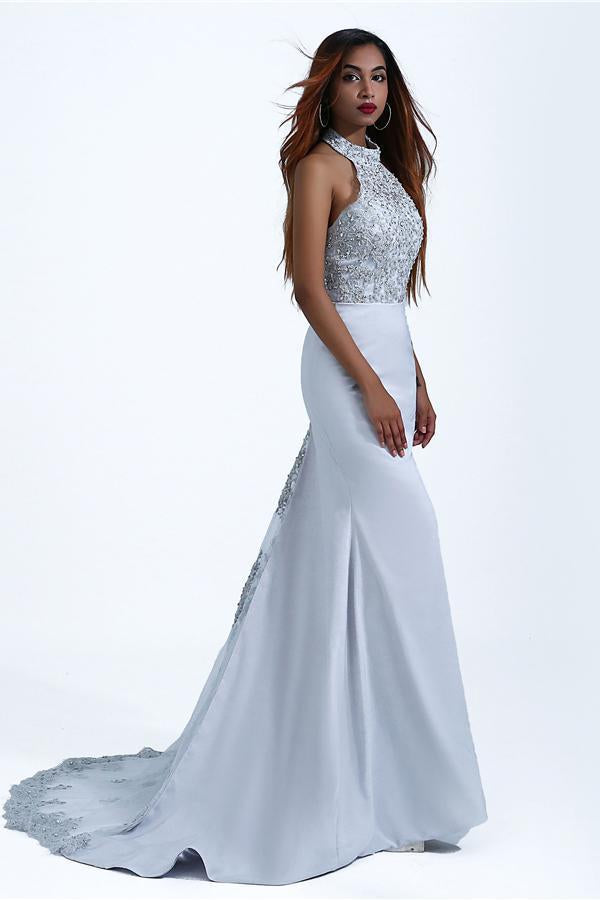 Charming Mermaid Halter Silver Sequins Prom Dresses with Appliques, Party SRS15629