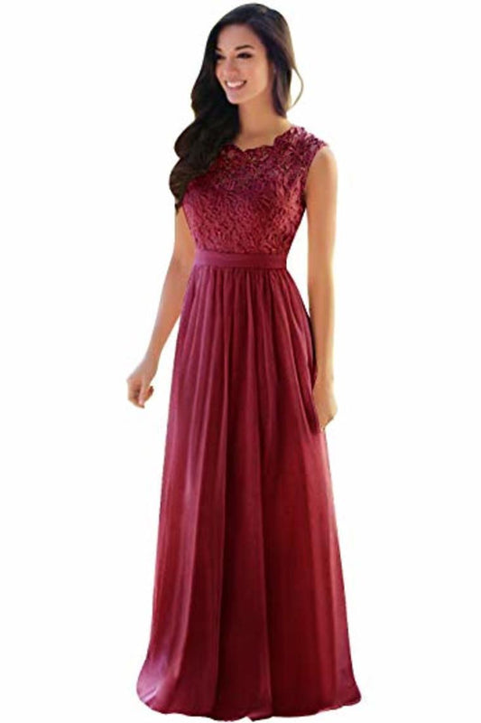 Lace Chiffon  Prom Dresses A Line Round Neck Long Evening Dresses