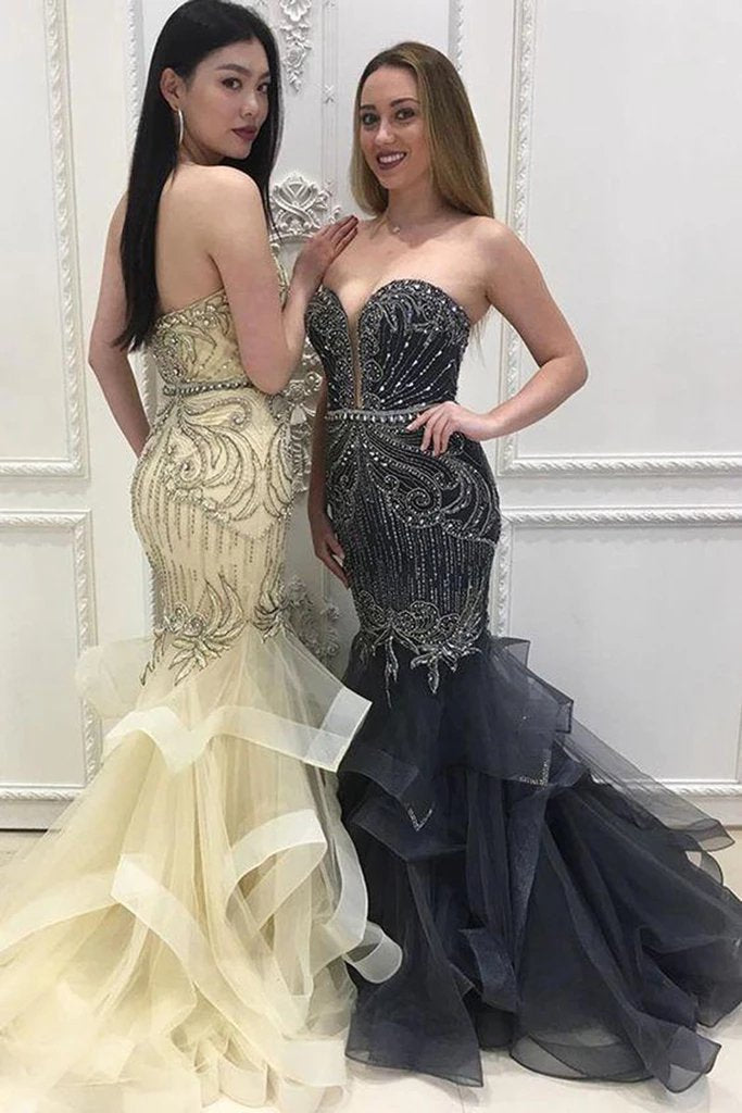 Elegant Sweetheart Tulle Beaded Long Mermaid Prom Dresses, Cheap Formal Dresses SWK15207