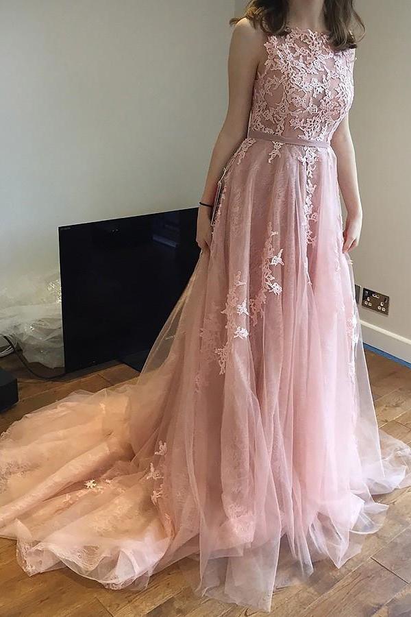 Charming Pink Lace Tulle Long A-line Open Back Elegant Little Train Wedding Dresses WK624