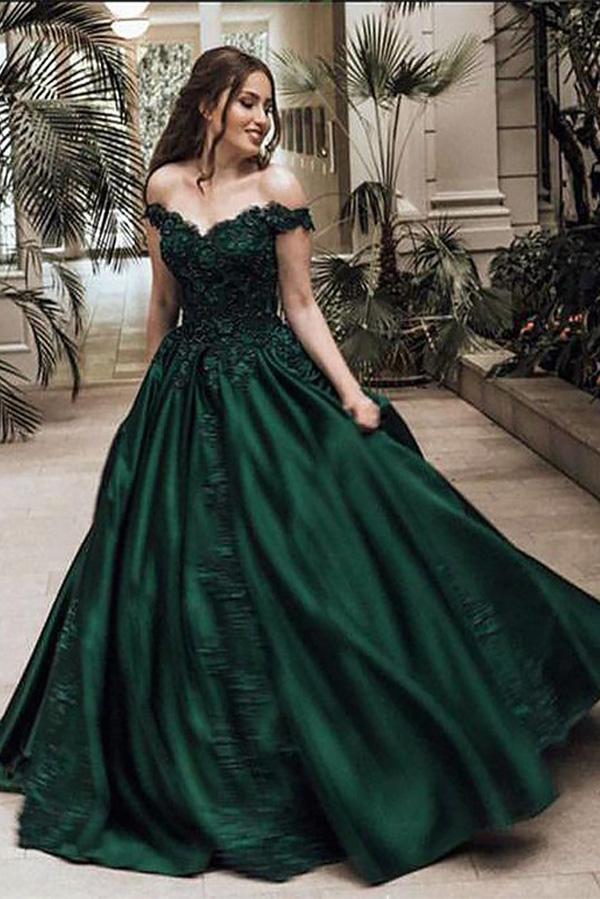 A-Line Ball Gown Off the Shoulder Green Sleeveless Sweetheart Lace Satin Prom Dresses WK555