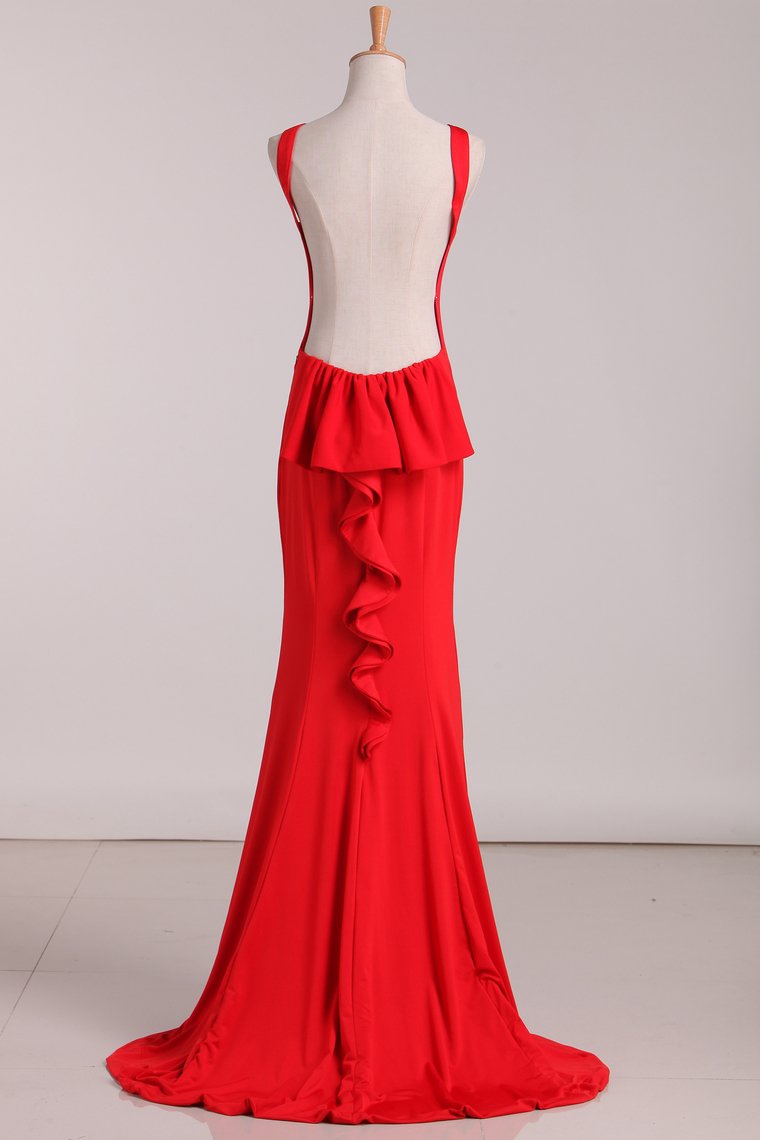 2024 Open Back Evening Dresses Scoop Mermaid Red Sweep Train