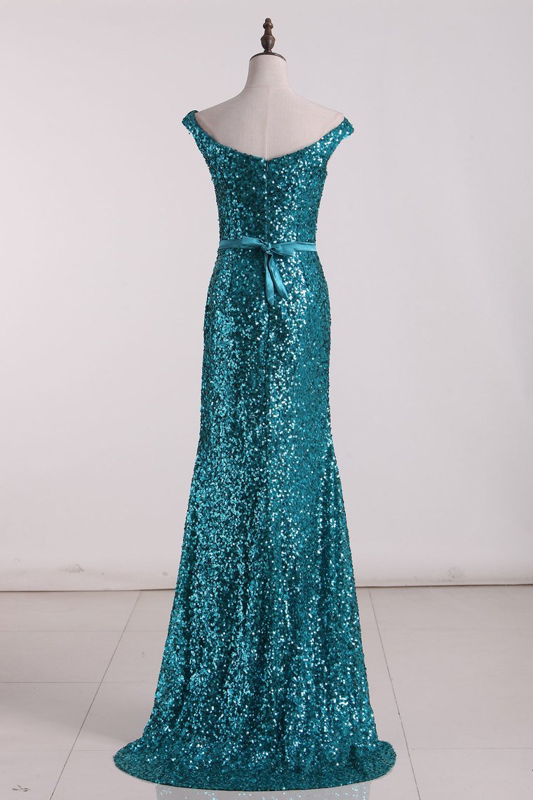 New Arrival Mermaid Bateau Sequins Sweep Train Prom Dresses