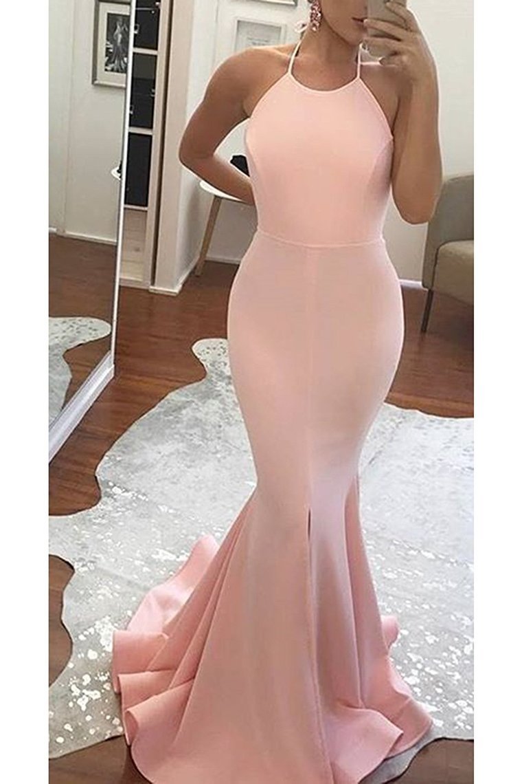 2024 New Arrival Halter Open Back Satin With Slit Mermaid Evening Dresses