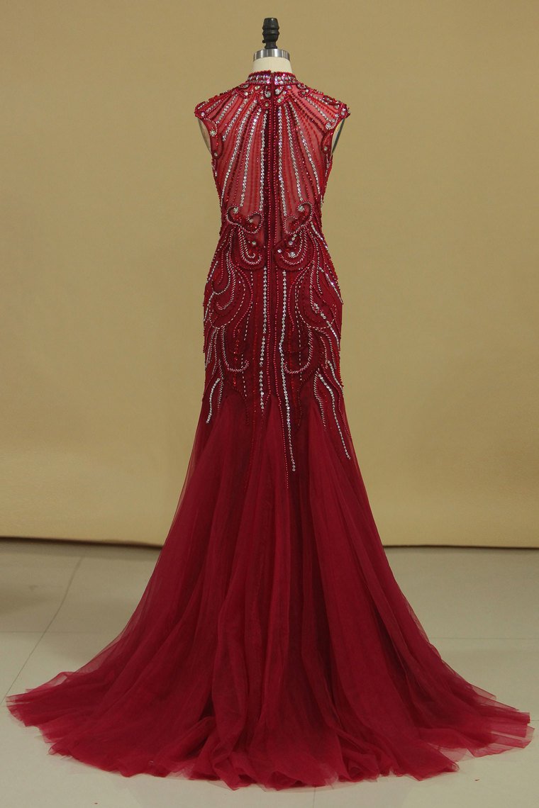 2024 Burgundy Prom Dresses High Neck Mermaid With Beading Sweep Train Tulle&Lace