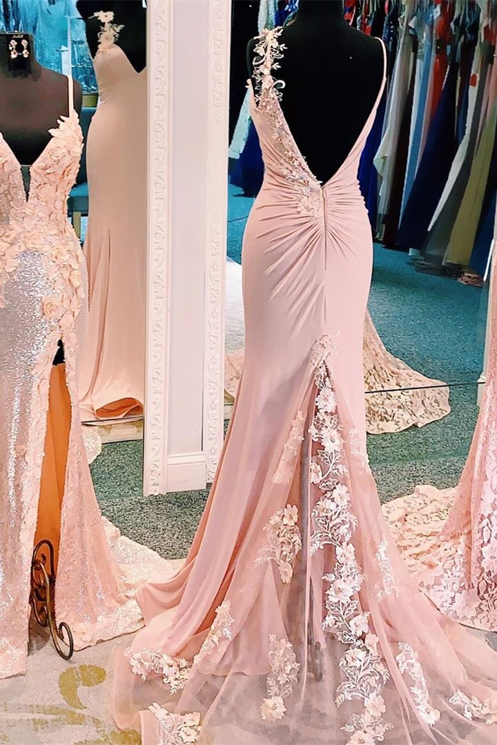 Unique Mermaid V Neck Spaghetti Straps Pink Prom Dresses, Cheap Party Dress SWK15605