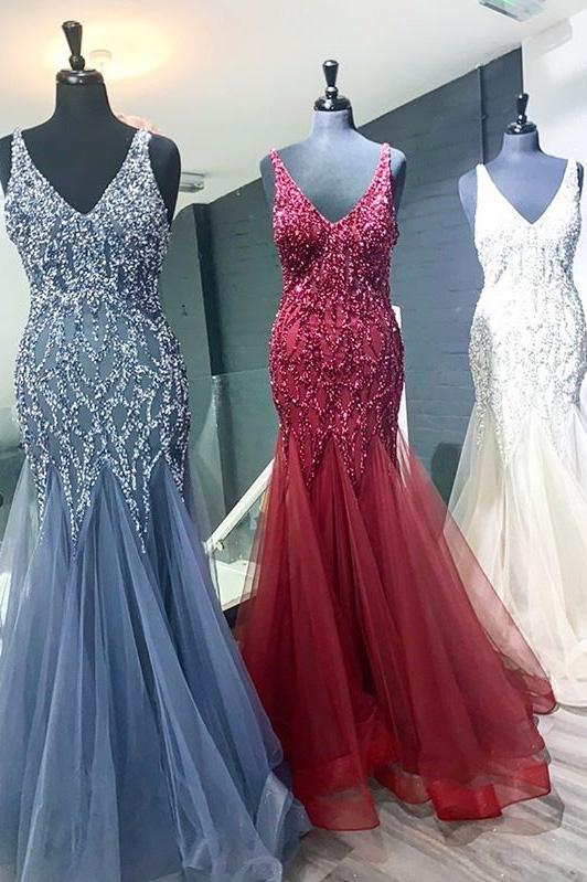 Elegant Mermaid V Neck Straps Tulle Long Prom Dresses Cheap Evening Dresses SWK14975