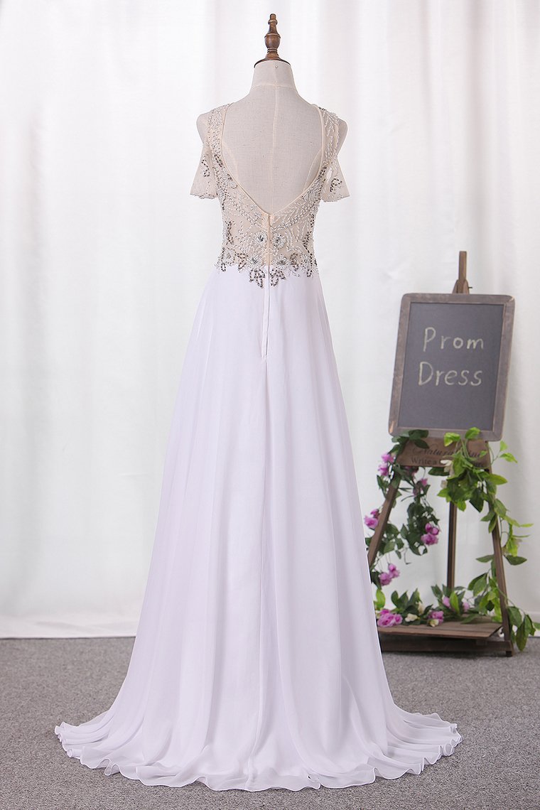 A Line Straps Chiffon Prom Dresses Beaded Bodice Sweep Train