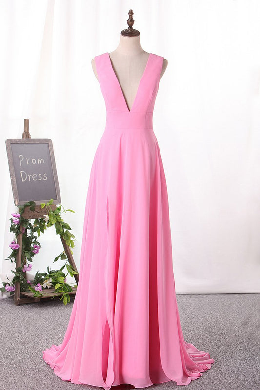 Prom Dresses V Neck Chiffon With Slit A Line Sweep Train