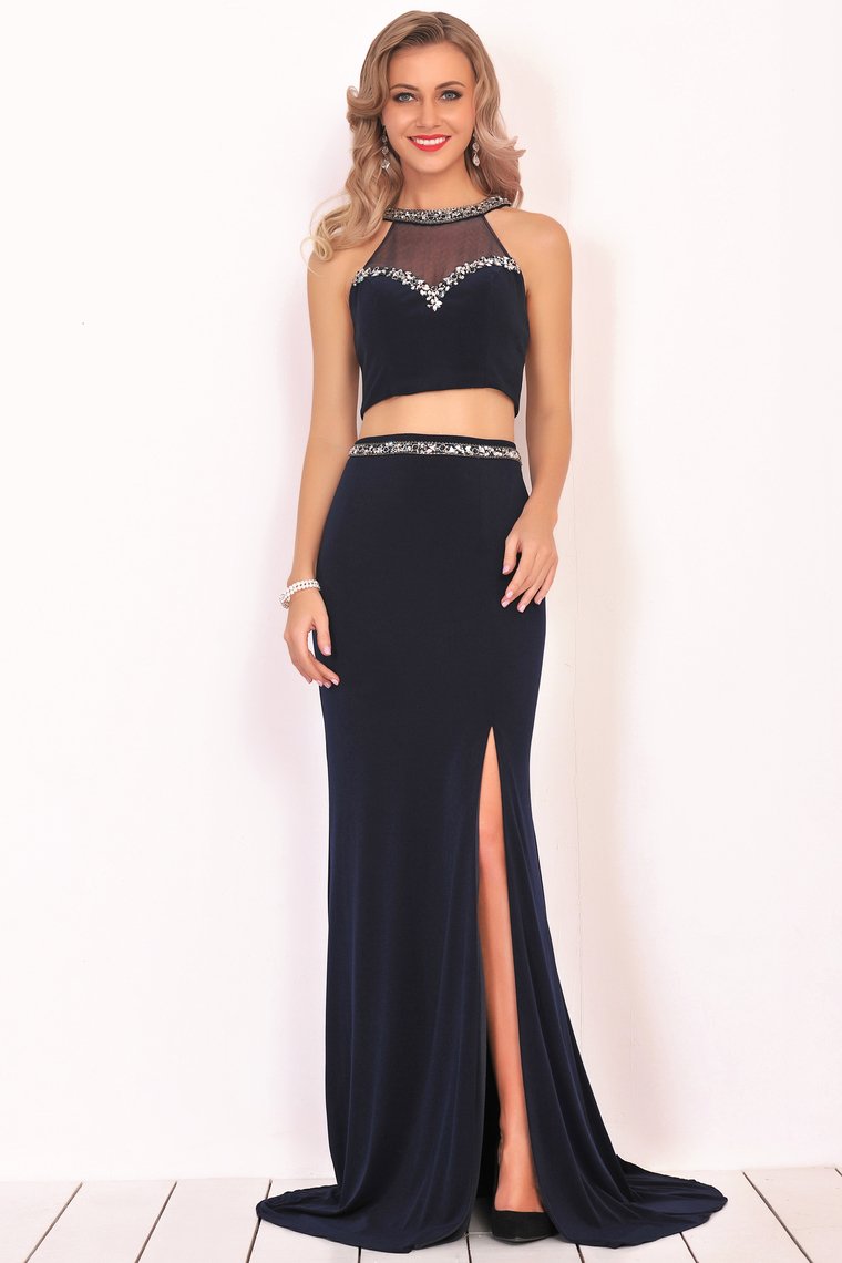 Two-Piece Scoop Spandex Prom Dresses Mermaid With Beading