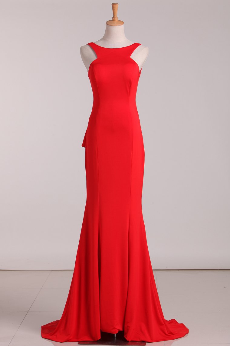 Open Back Evening Dresses Scoop Mermaid Red Sweep Train