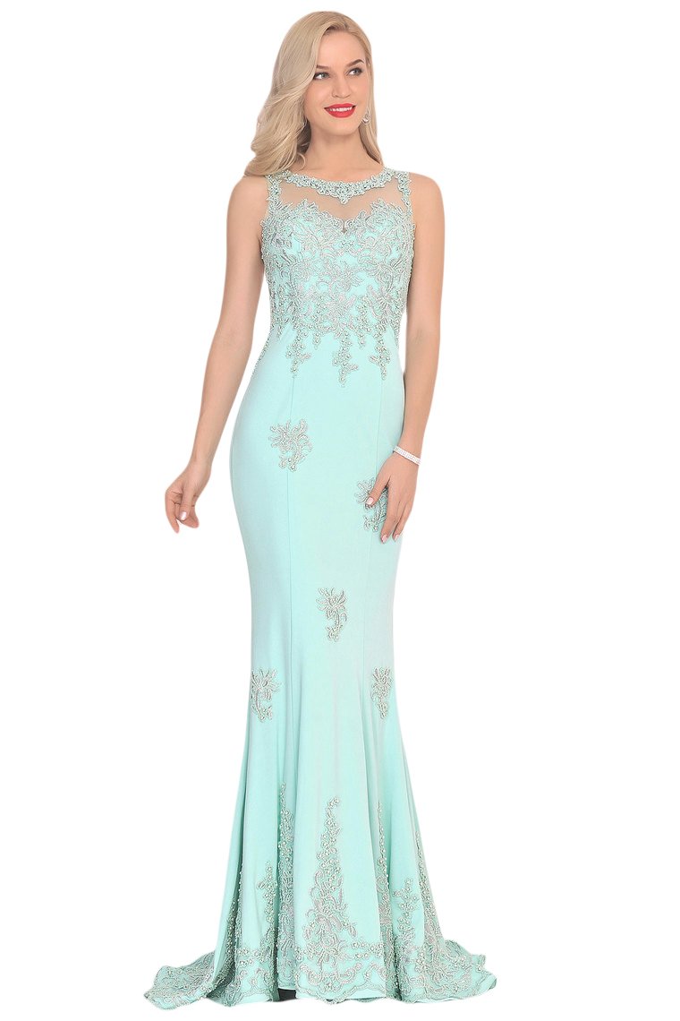 Prom Dresses Mermaid Scoop Spandex With Applique Sweep Train