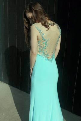 Mint Sheer Back Scoop Chiffon Mermaid Prom Dresses Sleeveless Prom Dresses