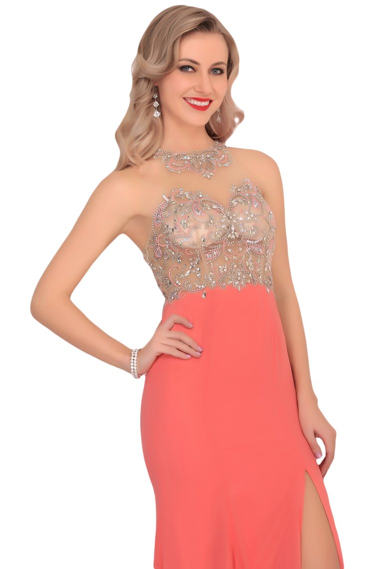 Mermaid Scoop Chiffon Prom Dresses With Beads And Slit