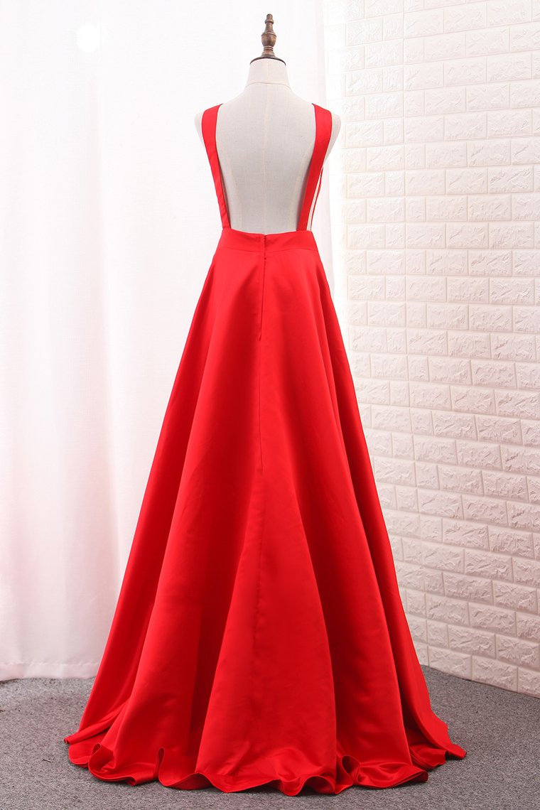 Deep V Neck Satin Evening Dresses A Line Open Back