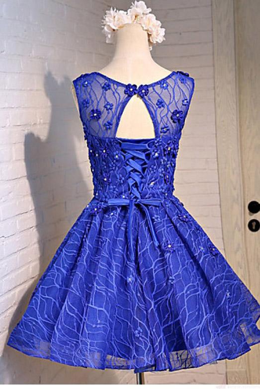 Blue Knee Length Homecoming Dresses with Beads Straps Short Prom Dresses WK803