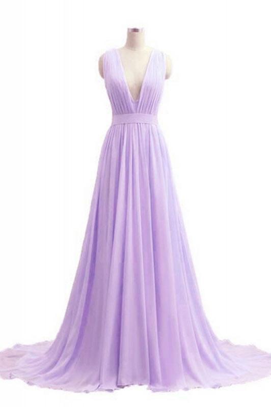 V-neck Lavender Long Chiffon Prom Dresses Evening Dresses