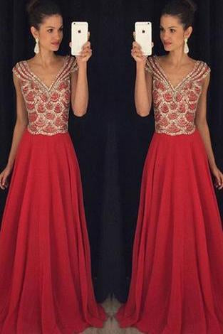 Red V-neck Beading Bodice Long Chiffon Prom Dresses Evening Dresses