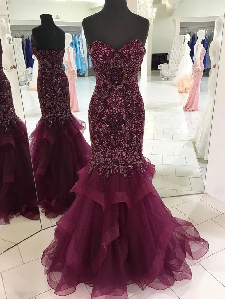 Strapless Sweetheart Long Tulle Mermaid Beads Prom Dresses, Maroon Formal Dresses SWK15433