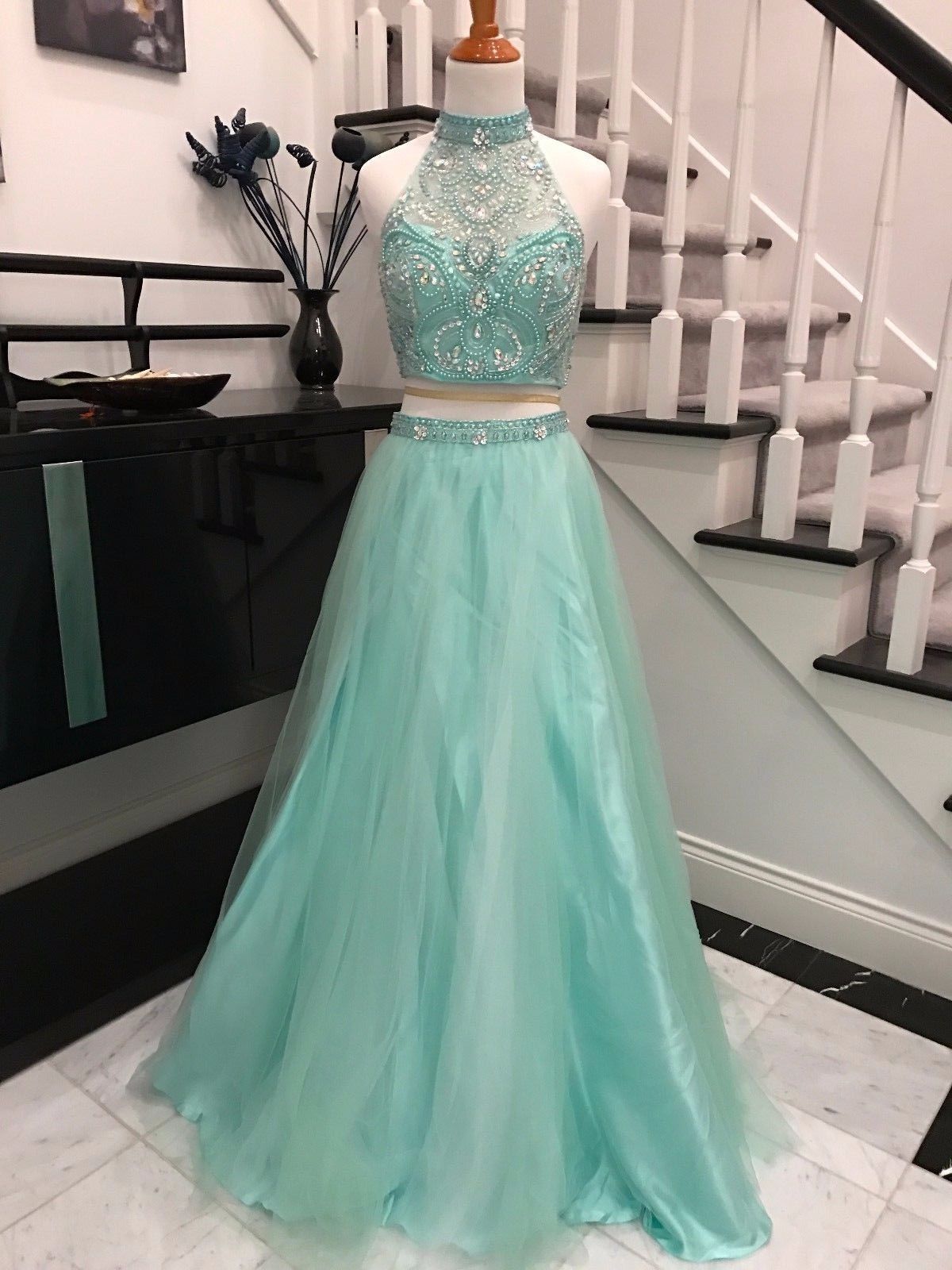 Elegant Halter Two Pieces Sky Blue Backless Tulle Prom Dresses with Beading WK743