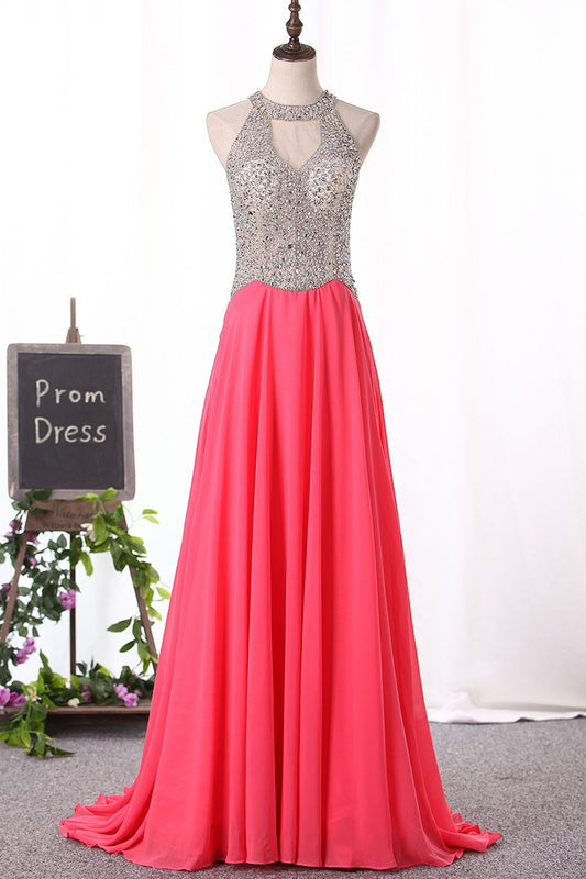 Sexy Scoop-Neck A Line Prom Dresses Chiffon With Beaded Bodice Zipper Up