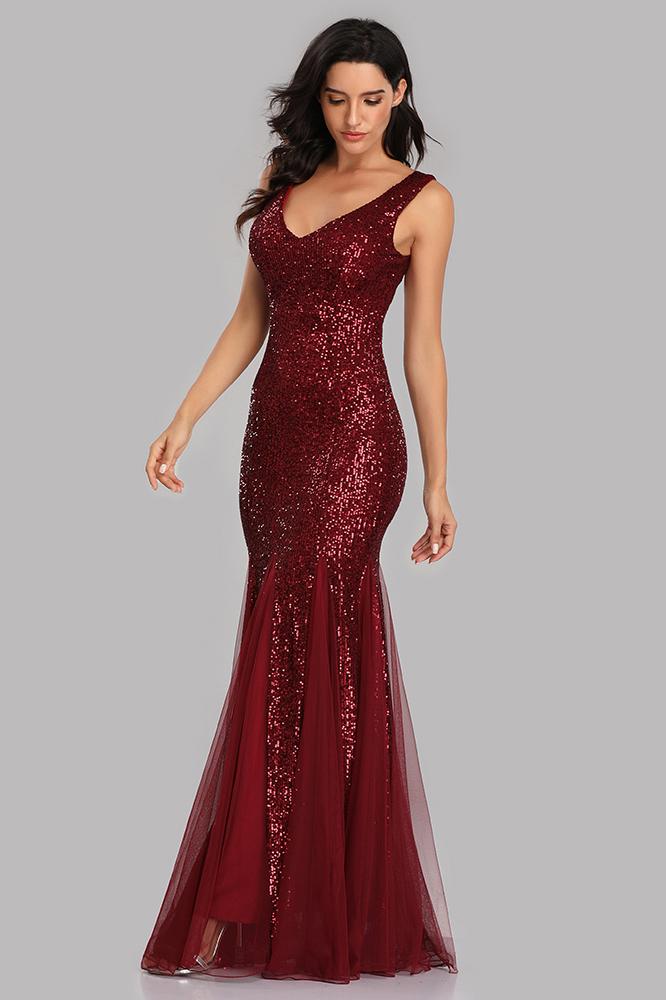 Sexy Burgundy Tulle V Neck Mermaid Sequin Prom Dresses, Evening Party Dresses SWK15332